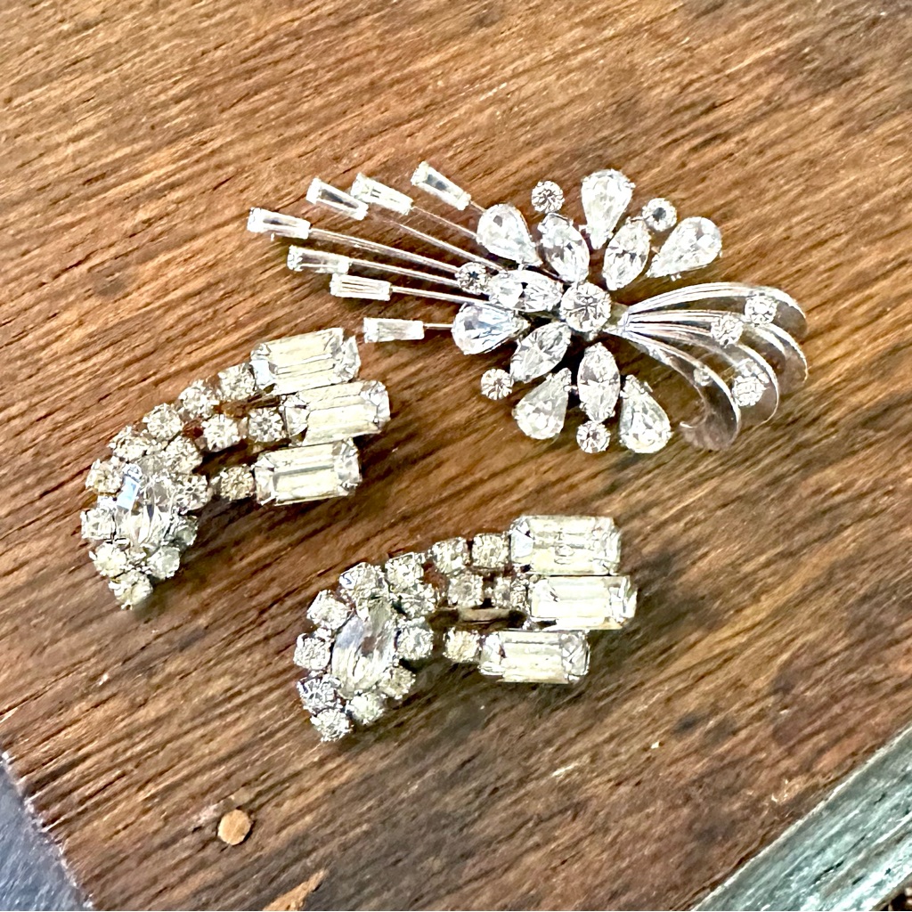 Vintage Krementz Silver Rhinestone Brooch Pin Set Haleys Comet Art Deco Style 36$